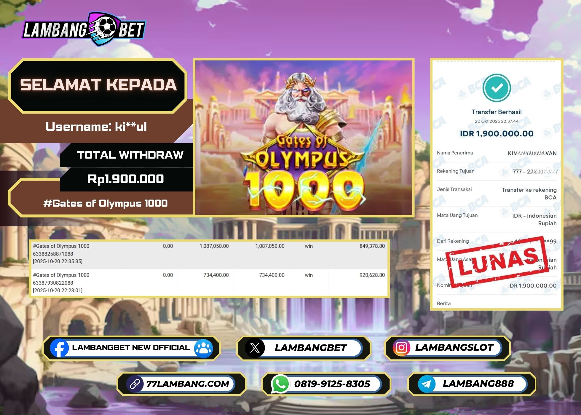 LAMBANGBET [20 OKTOBER 2025] JACKPOT SLOT Gates of Olympus 1000 "Rp1.900.000" LUNAS